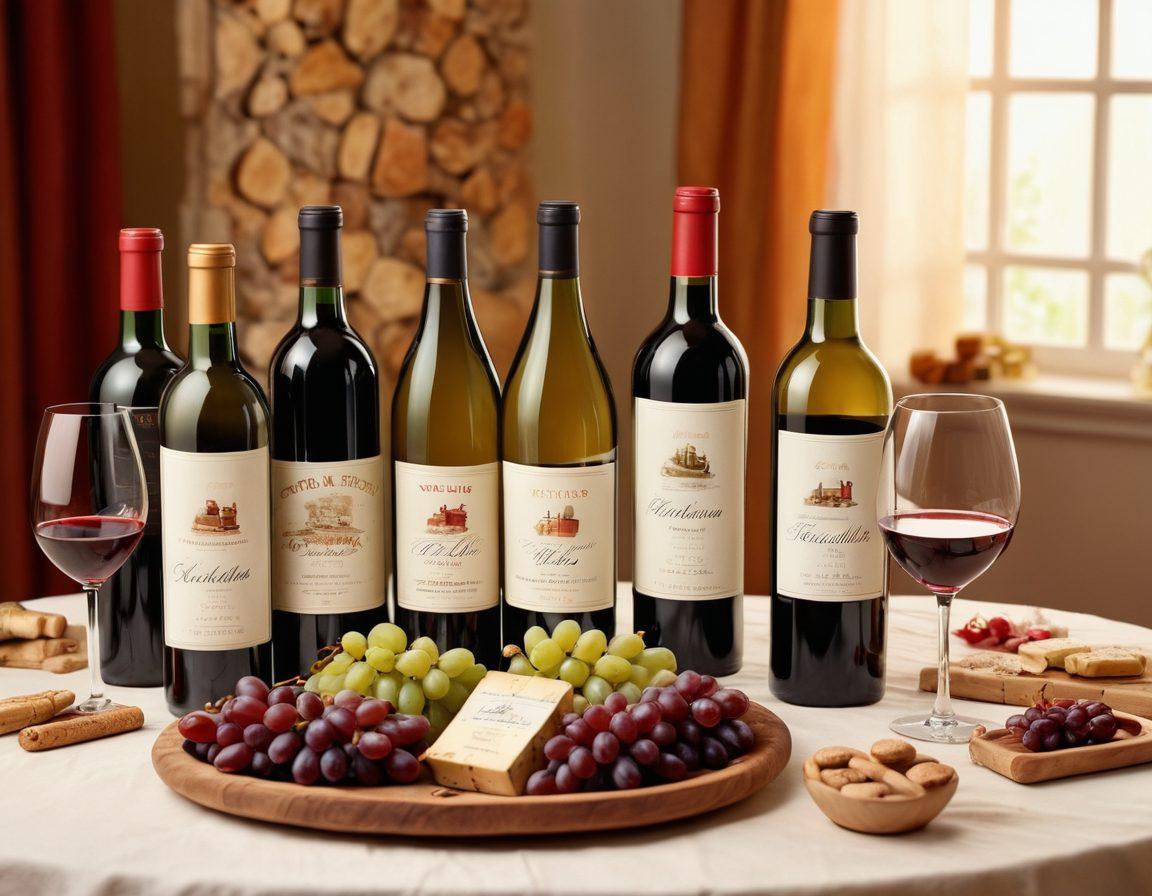 A beautifully arranged table with an assortment of wine bottles showcasing various labels, surrounded by elegant glasses filled with red and white wine. Include a backdrop of a cozy, warmly lit party atmosphere with friends clinking glasses and enjoying. Intertwined grapes and corks scattered across the table. The scene should evoke a sense of celebration and conviviality. super-realistic. vibrant colors. cozy ambiance.