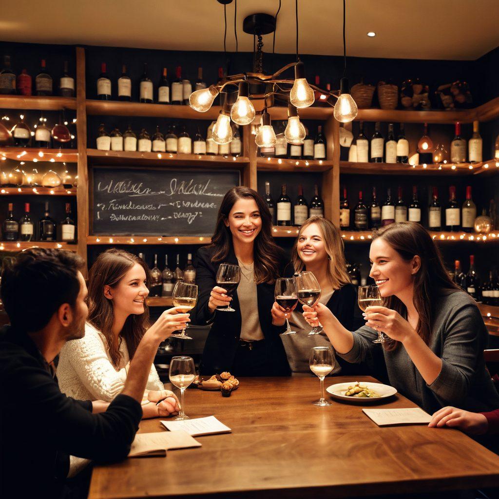A cozy wine bar scene featuring a diverse group of friends toasting with affordable yet elegant wine glasses, surrounded by shelves lined with various affordable wines. Soft, warm lighting enhances a celebratory atmosphere, with decorative string lights hanging above. Display a chalkboard menu showing wine specials, and playful elements like wine corks and snacks scattered around the table. super-realistic. warm colors. inviting ambiance.